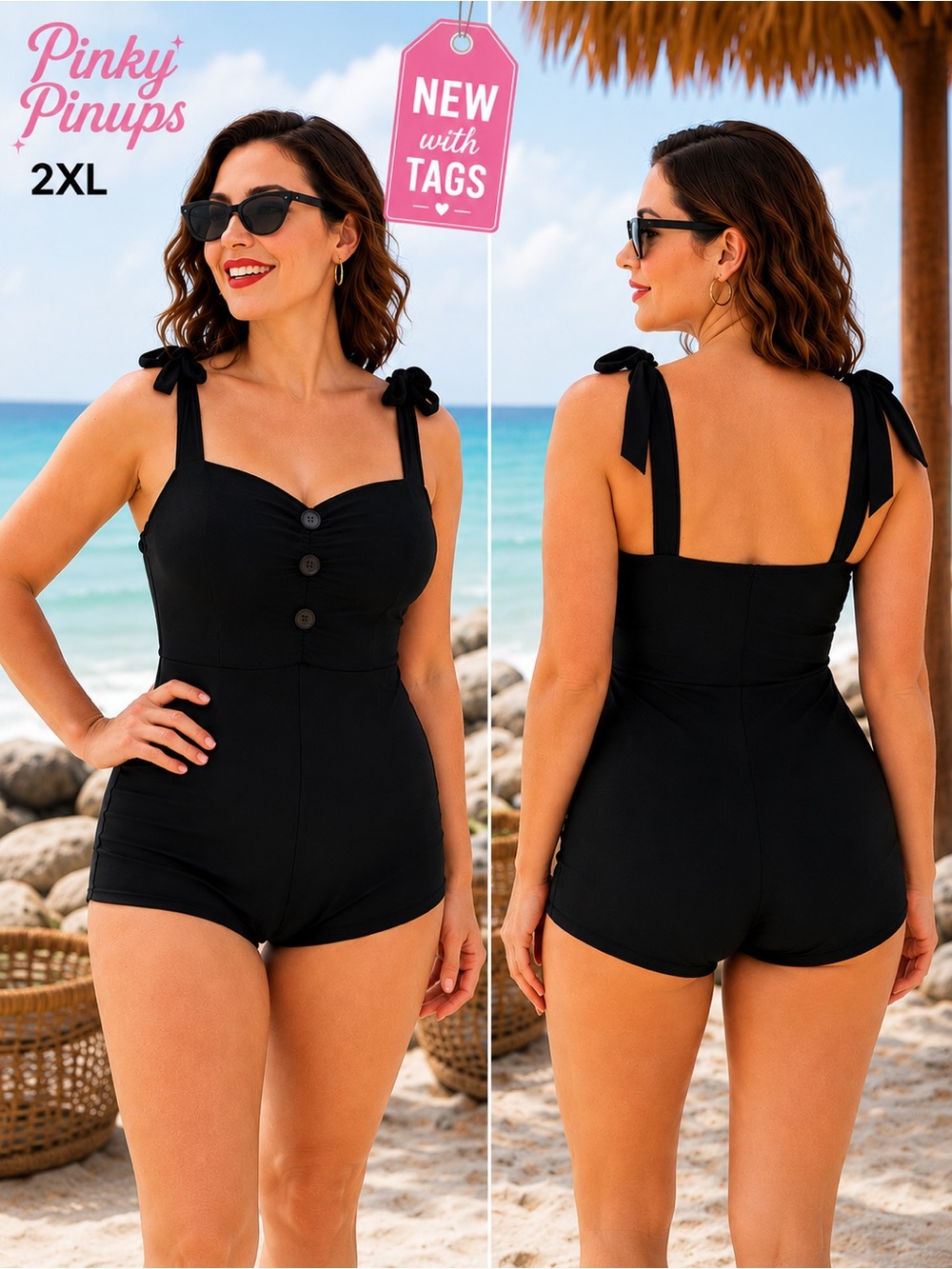 Pinky Pinups womens 2XL Black Retro One Piece Swimsuit Romper vacation new cute